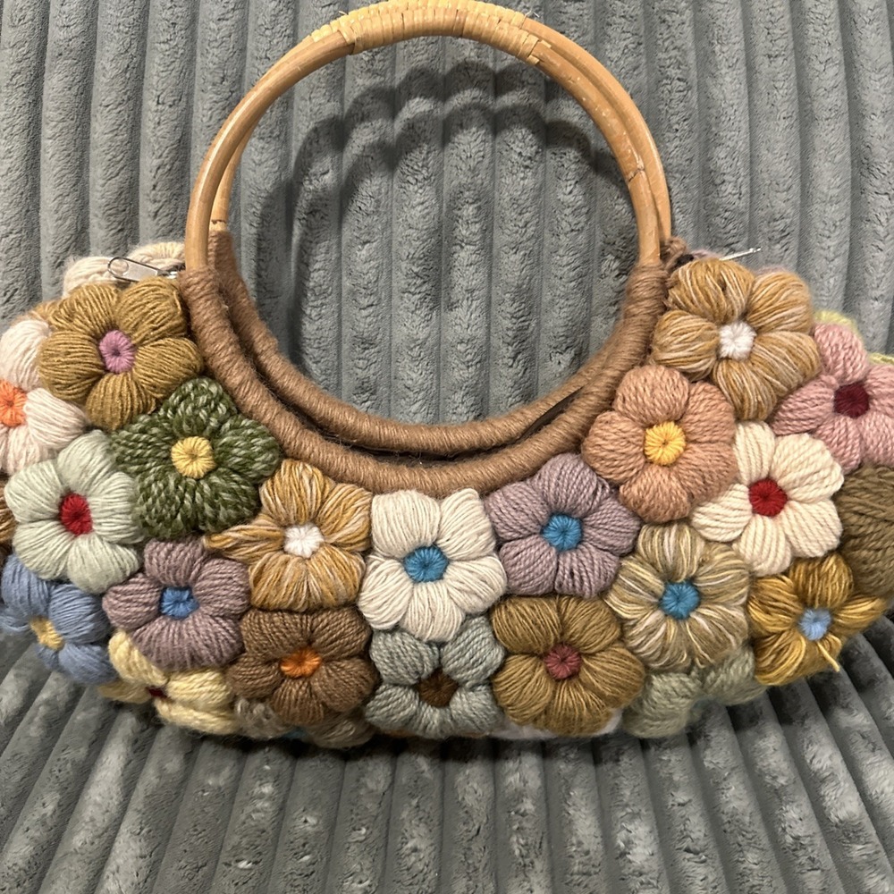 JP‎ & Mattie Handbag Purse Quilt Crochet Vintage Boho Bamboo Handles Multicolor - Picture 7 of 14